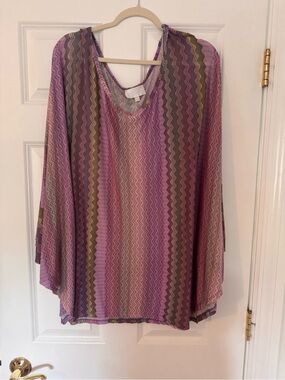 Sheer Wave-Stripe Tunic in Lavender and Olive